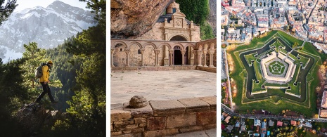 Senderistas en pueblo de arquitectura popular en Aragón, en Hecho