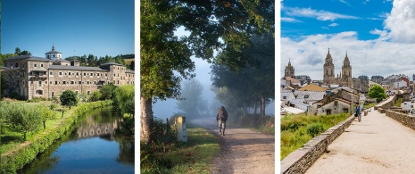 Left: Monastery of San Julián de Samos / Centre: Pilgrim in a forest in Galicia / Right: City walls and cathedral in Lugo