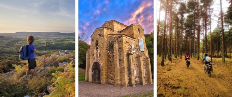  À gauche : Un enfant pèlerin aux Asturies / Au centre : Église San Miguel de Lillo, Oviedo / À droite : Des cyclistes dans une forêt des Asturies