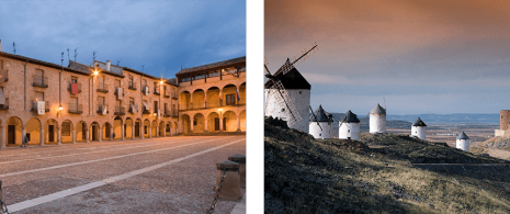 Izquierda: Plaza en Sigüenza (Guadalajara). Derecha: Molinos de Consuegra (Toledo)