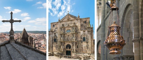 Links: Besichtigung der Dächer der Kathedrale / Mitte: Fassade der Kirche San Martiño Pinatario / Rechts: Weihrauchkessel in der Kathedrale von Santiago de Compostela, Galicien
