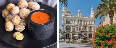 Links: Schrumpelkartoffeln Papa arrugadas mit Mojo-Sauce / Rechts: Gebäude des Literaturkabinetts in Las Palmas de Gran Canaria