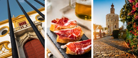 Izquierda: Plaza de toros de la Maestranza / Centro: Tapa de jamón / Derecha: Torre del Oro en Sevilla, Andalucía 