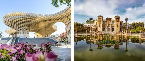 Links: Metropol-„Pilze“ in Sevilla / Rechts: María Luisa-Park in Sevilla, Andalusien