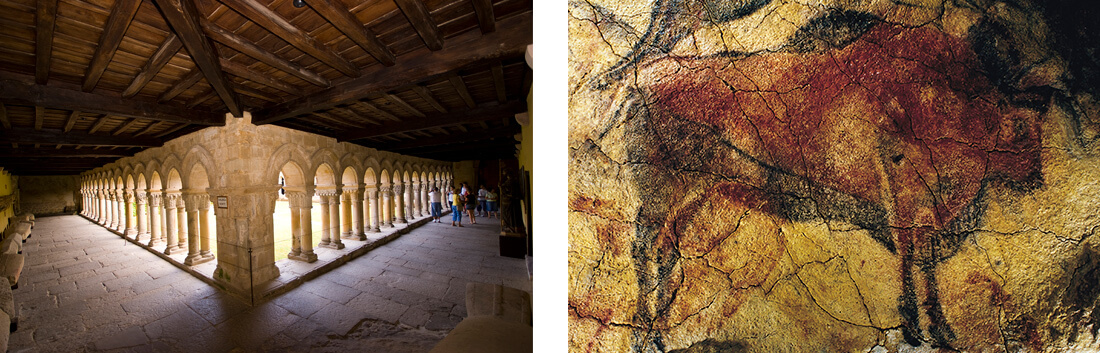 Cloister of the Collegiate Church of Santillana and bison in the Altamira Cave Cloister of the Collegiate Church of Santillana and bison in the Altamira Cave