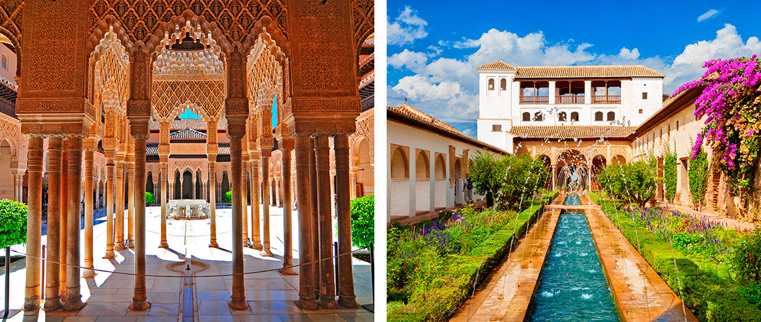 Right: Court of the Lions. Left: Generalife. The Alhambra Palace, Granada