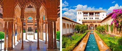 右：ライオンの中庭。左：ヘネラリフェ。グラナダのアルハンブラ宮殿