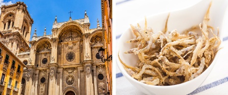 左：グラナダ大聖堂。右：魚のフライ