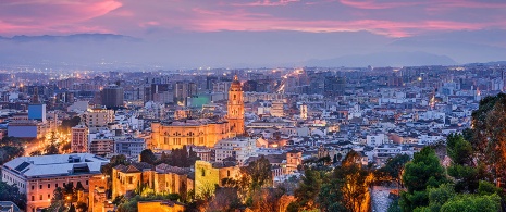 Dusk seen from the Gibralfaro castle in Malaga, Andalusia