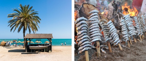 Strand und Verkaufsstand mit Sardinenspieße in Málaga, Andalusien