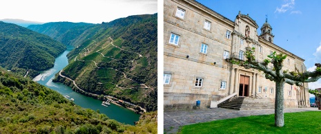 Esquerda: Mirante de As Penas de Matacás. Direita: Mosteiro de San Vicente do Pino em Monforte de Lemos
