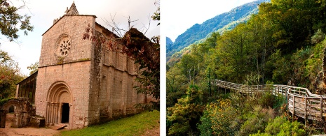 Links: Kloster Santa Cristina in Ribas de Sil. Rechts: Laufstege des Flusses Mao