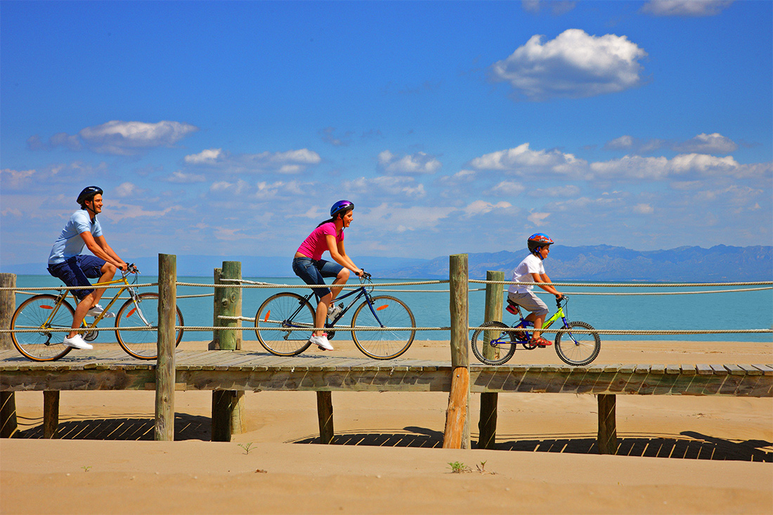 Cyclists along the Ebro River Delta