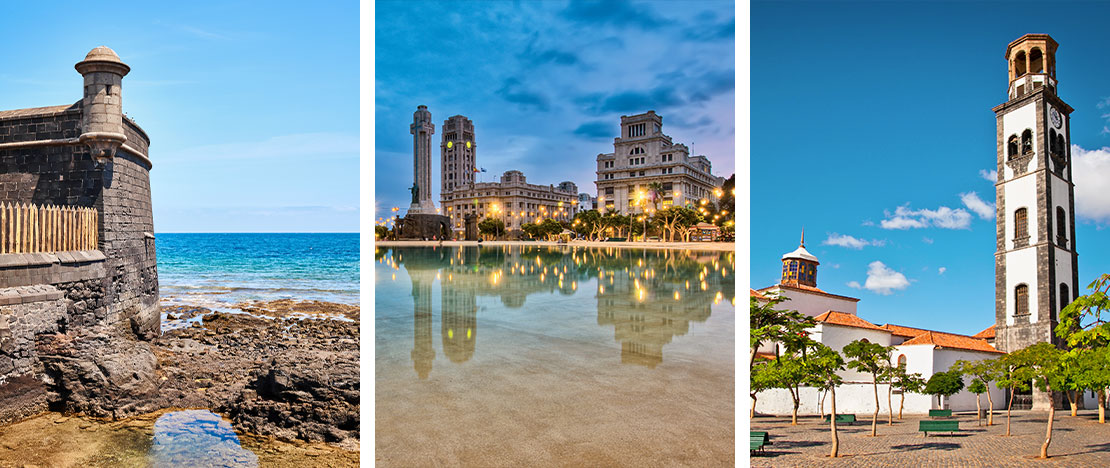 Left: San Juan Bautista castle / Centre: Plaza de España / Right: La Concepcion church in Santa Cruz de Tenerife (Canary Islands)