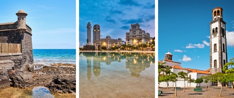 Esquerda: Castelo de San Juan Bautista / Centro: Plaza de España / Direita: Igreja de La Concepción em Santa Cruz de Tenerife, Ilhas Canárias