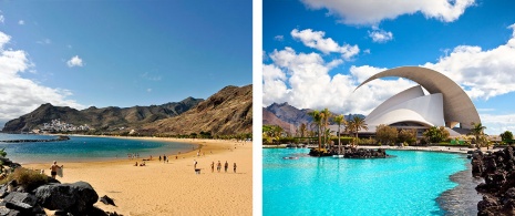 Izquierda: Playa de Las Teresitas / Derecha: Parque Marítimo César Manrique en en Santa Cruz de Tenerife, Islas Canarias