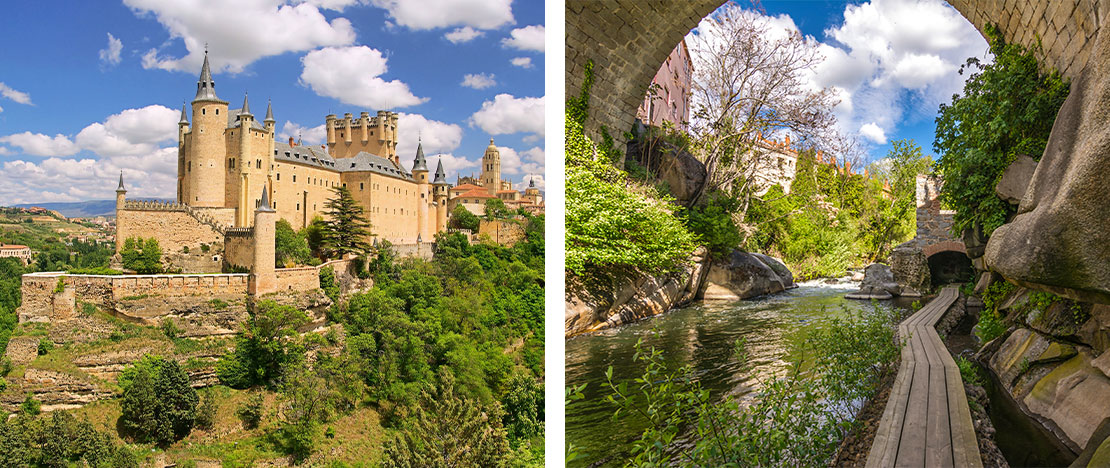 Left: View of the Alcázar fortress / Right: Green route in Segovia, Castile and Leon Left: View of the Alcázar fortress / Right: Green route in Segovia, Castile and Leon