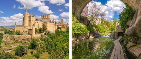 Links: Blick auf den Alkazar / Rechts: Grüne Route in Segovia, Kastilien-León