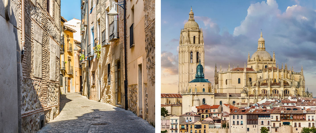 À gauche : Quartier juif / À droite : Cathédrale de Ségovie en Castille-León