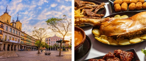 Izquierda: Plaza mayor / Derecha: Plato de cochinillo y otras tapas en Segovia, Castilla y León