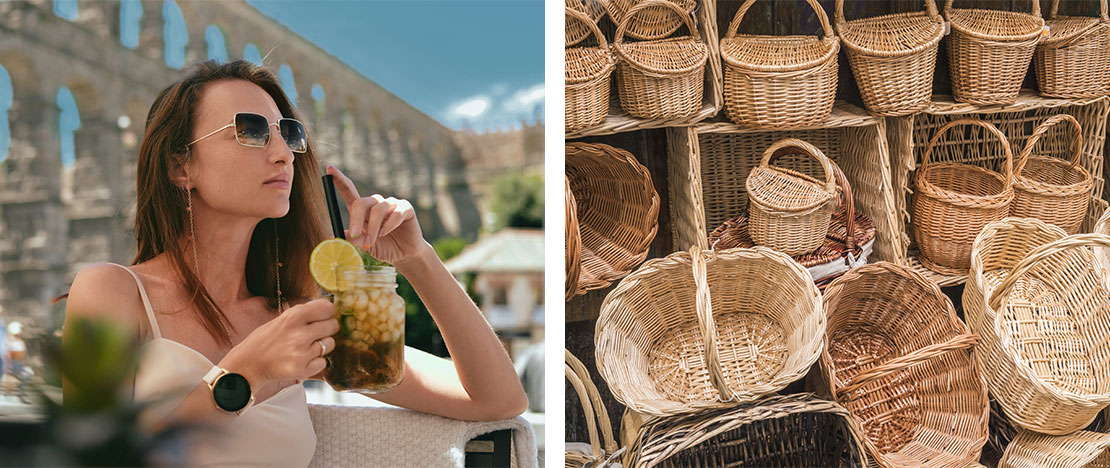 Left: Tourist enjoying a cocktail by the Segovia Aqueduct / Right: Basket shop in Segovia, Castile and Leon Left: Tourist enjoying a cocktail by the Segovia Aqueduct / Right: Basket shop in Segovia, Castile and Leon