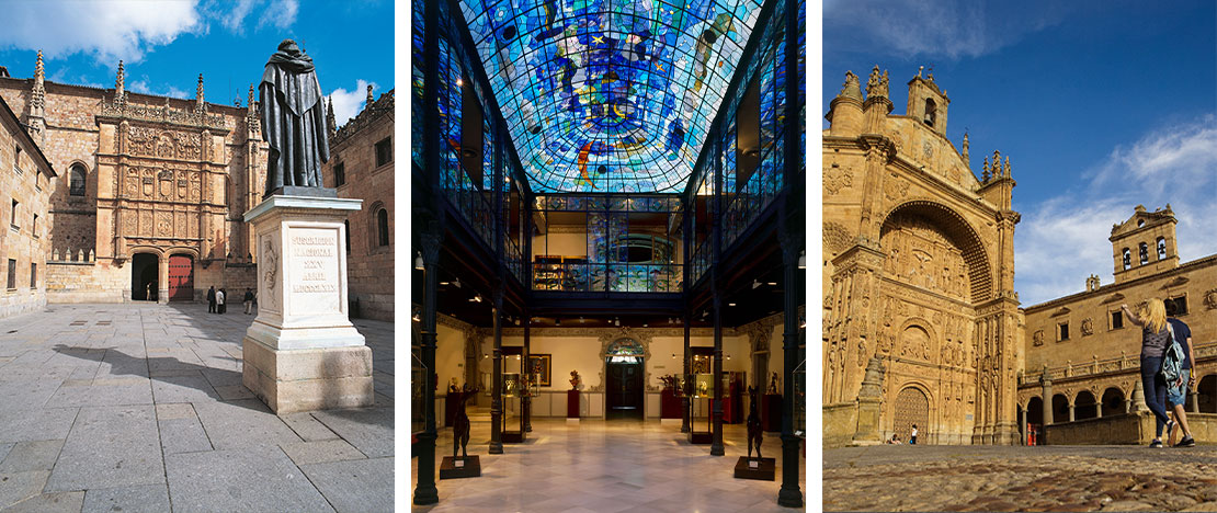 Left: University / Centre: Casa Lis © / Right: Convent of San Esteban in Salamanca, Castile and Leon © Grupo Ciudades Patrimonio Left: University / Centre: Casa Lis © / Right: Convent of San Esteban in Salamanca, Castile and Leon © Grupo Ciudades Patrimonio