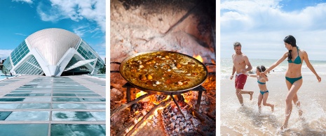 Links: Stadt der Künste und der Wissenschaften /Mitte: Zubereitung einer Paella / Rechts: Touristen am Strand von Valencia