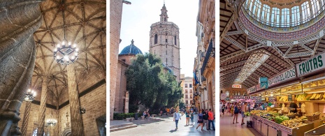 Links: Innenansicht des Seidenmarkts / Mitte: Miguelete-Turm / Rechts: Zentralmarkt von Valencia