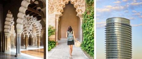 À gauche et au centre : Aljaferia / À droite : Tour de l'Eau à Saragosse, Aragon