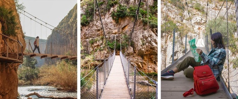 Różne zdjęcia wiszących mostów nad rzeką Turia w pobliżu miejscowości Chulilla w Walencji, Wspólnota Walencka