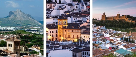 Po lewej: Widok na Peña de los Enamorados z Antequera w Maladze, Andaluzja / Pośrodku: Szczegółowy widok na starówkę Antequera w Maladze, Andaluzja / Po prawej: Widok na Alcazabę w Antequera w Maladze, Andaluzja