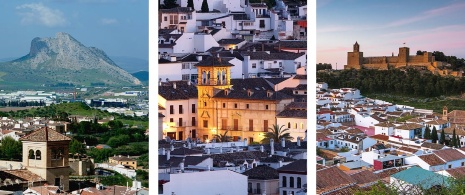 Esquerda: Vista da Peña de los Enamorados desde Antequera em Málaga, Andaluzia/Centro: Detalhe do centro histórico de Antequera em Málaga, Andaluzia/Direita: Vistas da Alcazaba de Antequera em Málaga, Andaluzia