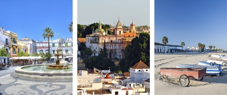 Esquerda: Vista da Praça do Cabildo de Sanlúcar de Barrameda em Cádis, Andaluzia © roberaten/Centro: Auditório da Mercê de Sanlúcar de Barrameda em Cádis, Andaluzia/Direita: Praia de Sanlúcar de Barrameda em Cádis, Andaluzia © joan_bautista