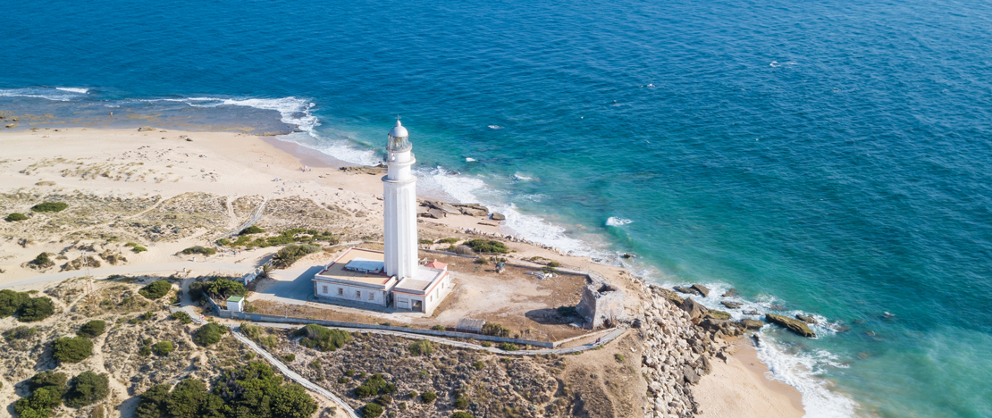 View of the lighthouse at Cape Trafalgar in Cadiz, Andalusia View of the lighthouse at Cape Trafalgar in Cadiz, Andalusia