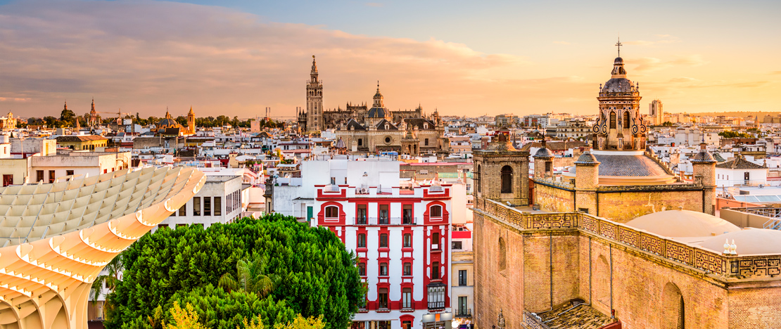 View of the Church of La Anunciación and Cathedral of Seville, Andalusia