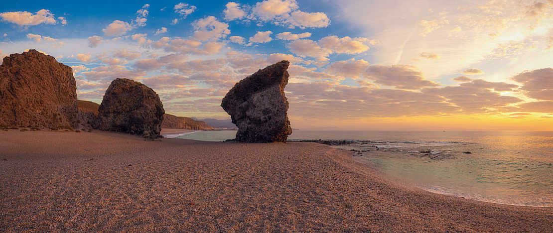 Sunset at Playa de los Muertos in the Cabo de Gata-Níjar Nature Reserve, Almería Sunset at Playa de los Muertos in the Cabo de Gata-Níjar Nature Reserve, Almería