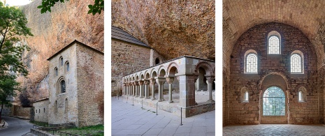 Links: Blick auf das Kloster / Mitte: Kreuzgang aus dem 12. Jh. / Rechts: Detailansicht der Oberkirche des Klosters San Juan de la Peña in Huesca, Aragonien