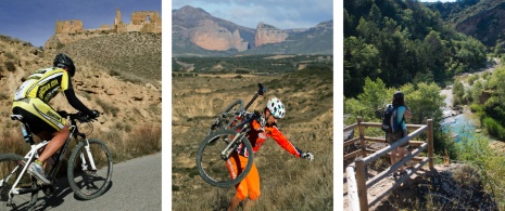 Zdjęcia przedstawiające uprawianie kolarstwa górskiego i pieszych wędrówek w regionie Hoya de Huesca, Aragonia © Comarca Hoya de Huesca – Jon Izeta