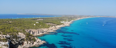 Aerial view of the Camí de Sa Pujada de Es Calò in Formentera, Balearic Islands