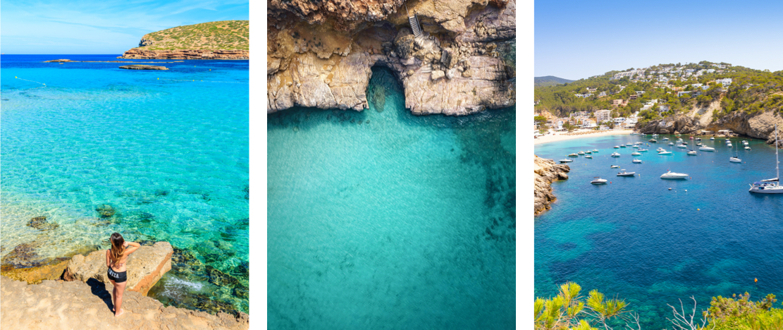 Left: Cala Conta / Centre: Cala Salada / Right: Cala Vedella Left: Cala Conta / Centre: Cala Salada / Right: Cala Vedella