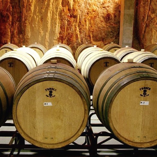 Des fûts dans une cave à vin à Sant Lluís, Minorque