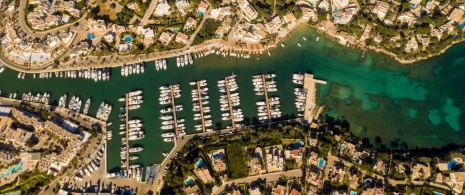 Aerial view of the marina at Cala d’Or in Mallorca, Balearic Islands