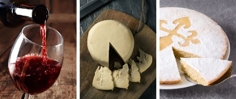 Some of the typical products you will find along the Camino. Left: A glass of red wine / Centre: Designation of origin Arzua-Ulloa cheese / Right: Santiago cake