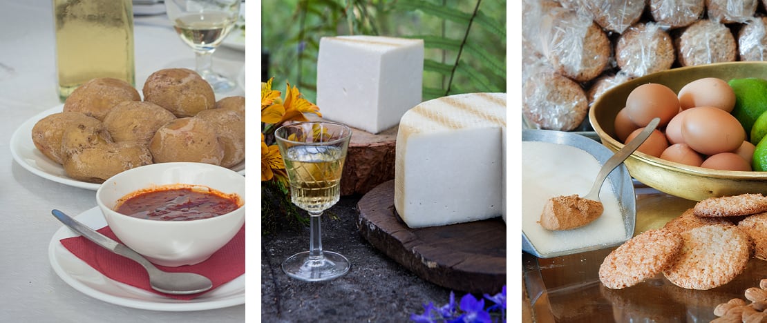 Sinistra: Dettaglio delle papas arrugadas, mojo e formaggio / Centro: Formaggio e mistela (liquore di caffè) / Destra: Dettaglio degli almendrados Sinistra: Dettaglio delle papas arrugadas, mojo e formaggio / Centro: Formaggio e mistela (liquore di caffè) / Destra: Dettaglio degli almendrados