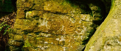 Grabado rupestre en el Parque Cultural La Zarza y La Zarcita de Garafía en La Palma, Islas Canarias