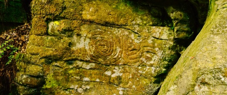 Gravura rupestre no Parque Cultural La Zarza e La Zarcita de Garafía em La Palma, Ilhas Canárias