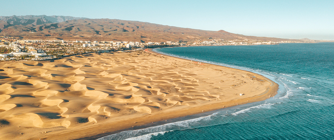 Blick auf den Strand Playa de Maspalomas auf Gran Canaria, Kanarische Inseln Blick auf den Strand Playa de Maspalomas auf Gran Canaria, Kanarische Inseln