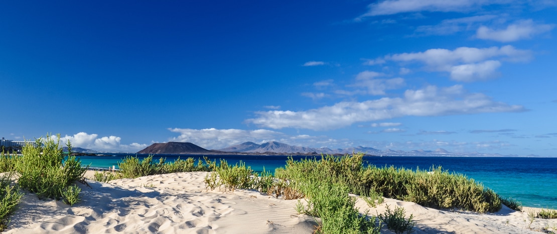 Blick auf die Dünen von Corralejo auf Fuerteventura, Kanarische Inseln Blick auf die Dünen von Corralejo auf Fuerteventura, Kanarische Inseln
