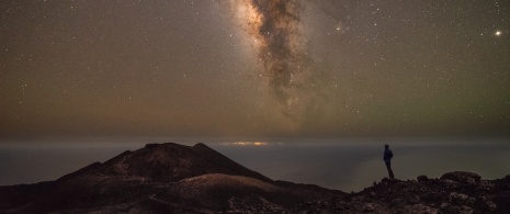 Tourist contemplating the Teneguía volcano in La Palma, Canary Islands