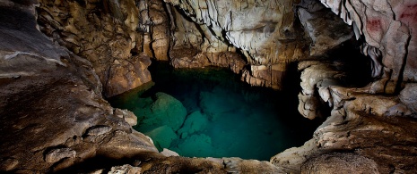 Artificial lake in Chufín cave in Riclones, Cantabria